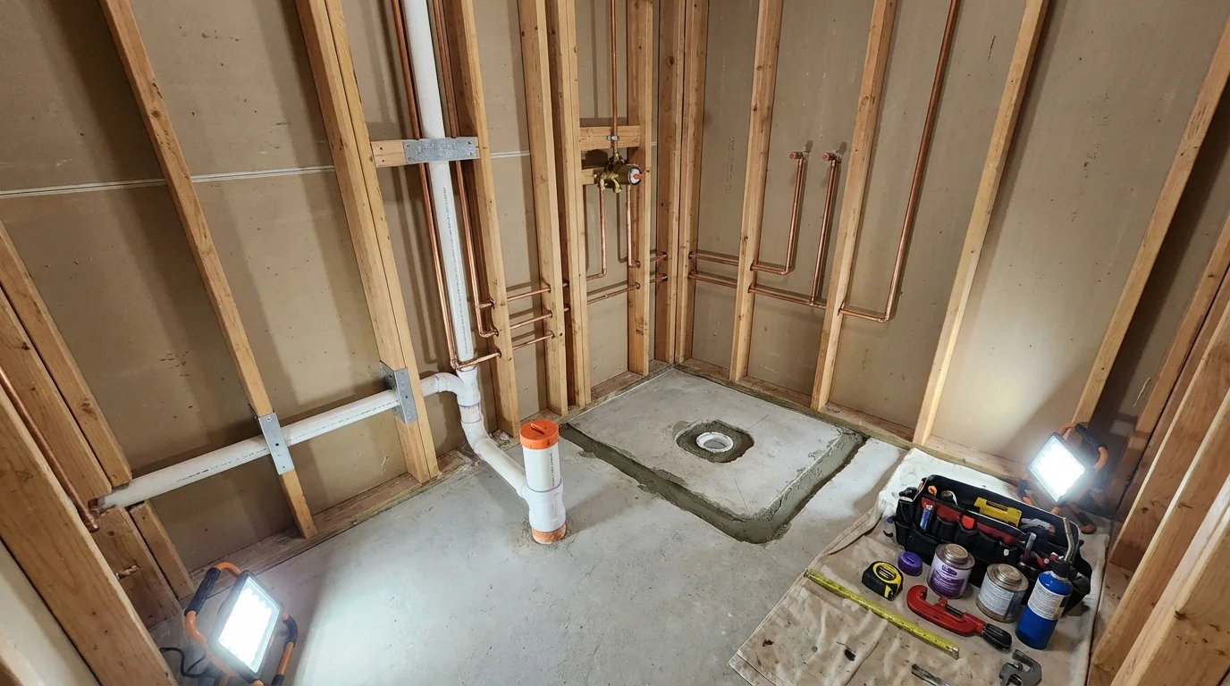 Bathroom rough-in plumbing during remodel by Johns Plumbing LLC in Arroyo Seco