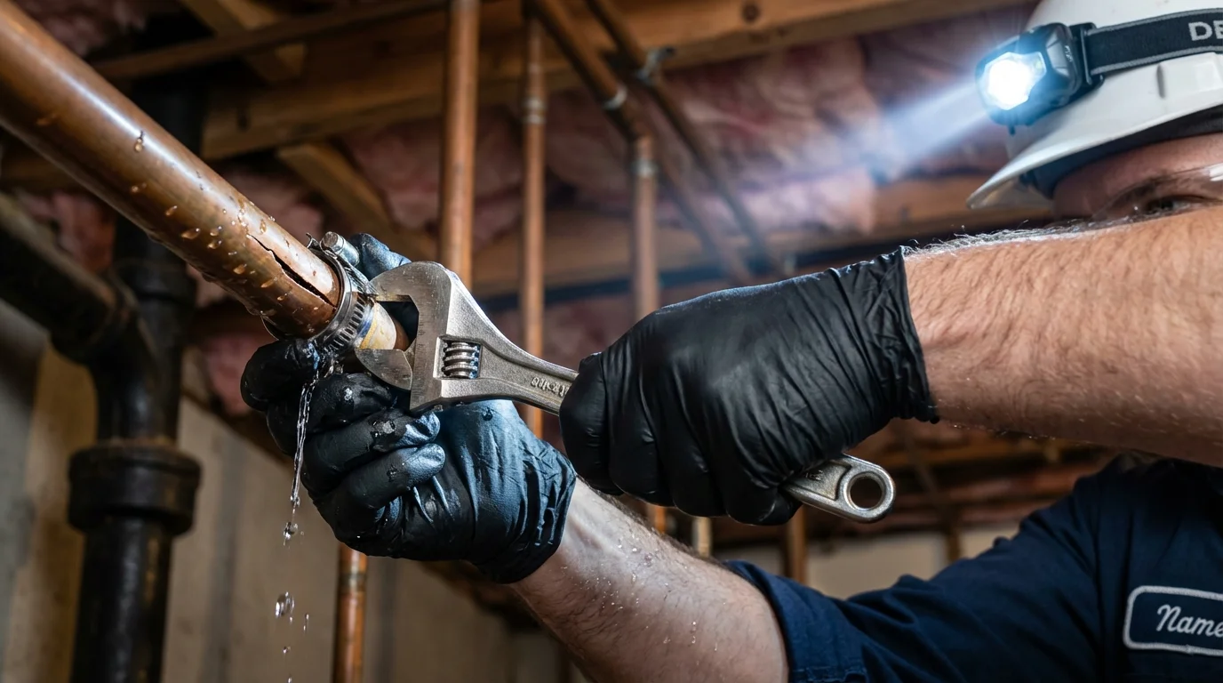 Emergency pipe clamp repair being performed by a Johns Plumbing LLC plumber in Arroyo Seco