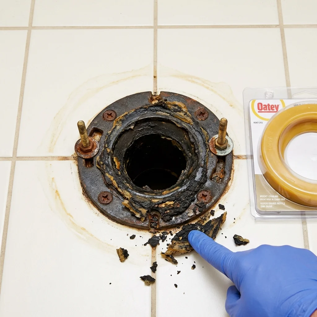 Failed wax ring showing water seepage at the base of a toilet in a Arroyo Seco, NM home