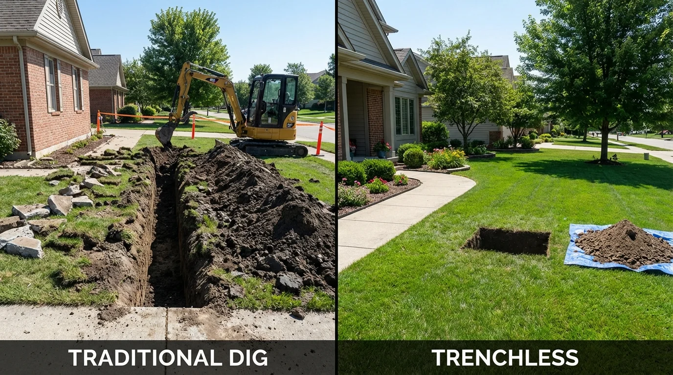 Trenchless sewer repair with minimal yard damage versus traditional excavation in Arroyo Seco, NM