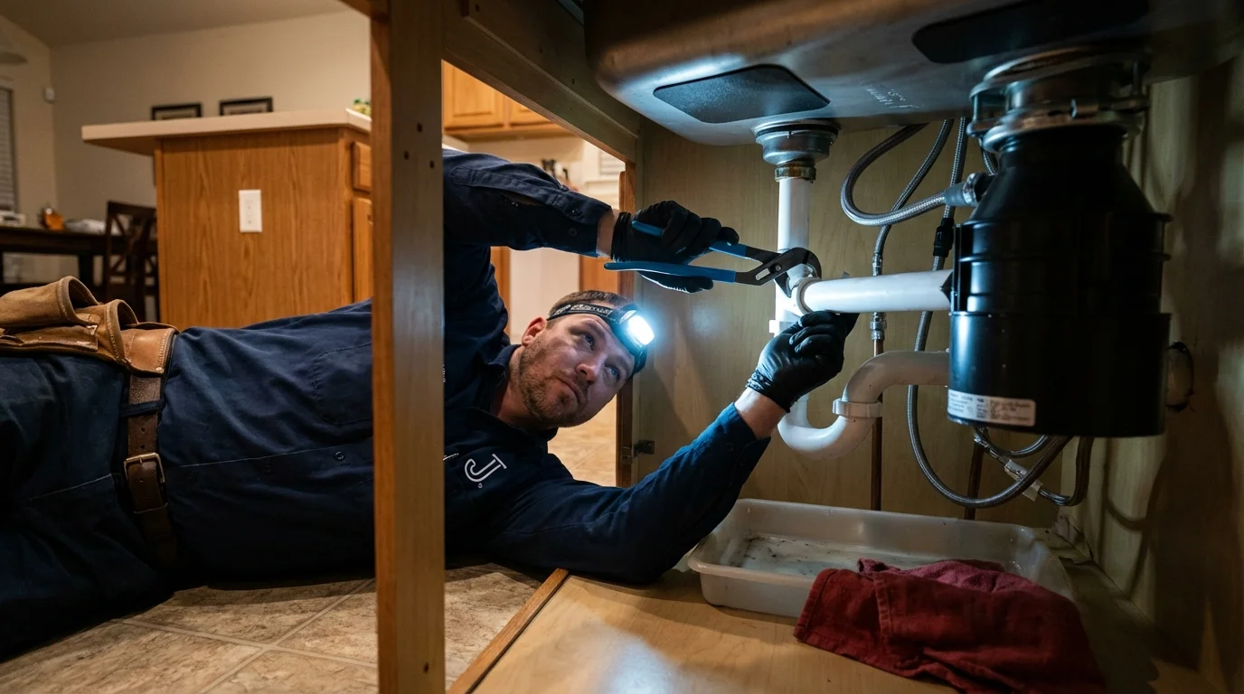 P-trap and supply line connections under a kitchen sink showing a common leak point in Arroyo Seco, NM